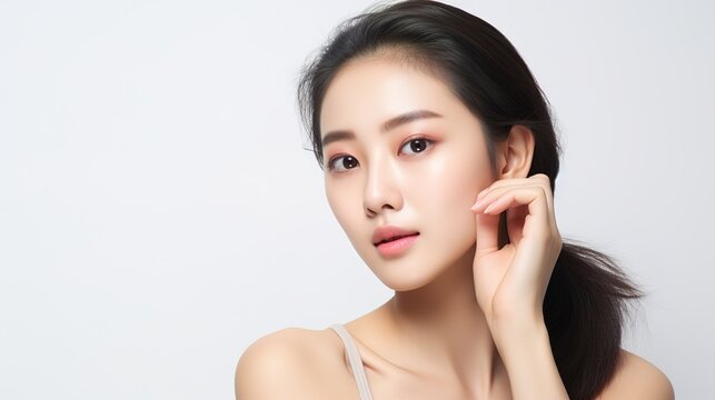 Close up perfect beauty face of young beautiful Asian woman massages her face gently with fingertips. Face cream commercial advertising concept with generative ai