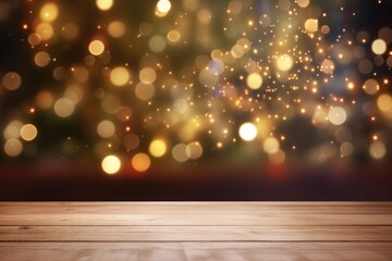 Empty wood table top and blur background of christmas tree, Generative AI