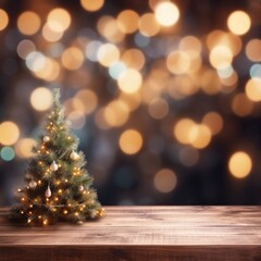 Fototapeta na wymiar Empty wood table top and blur background of christmas tree, Generative AI
