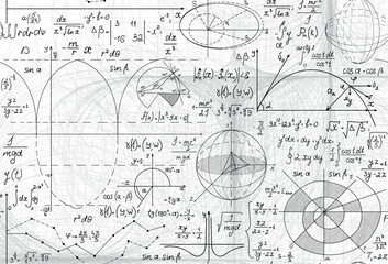  Handwritten math vector seamless background with figures and formulas handwritten on the background with technical drawings - obrazy, fototapety, plakaty