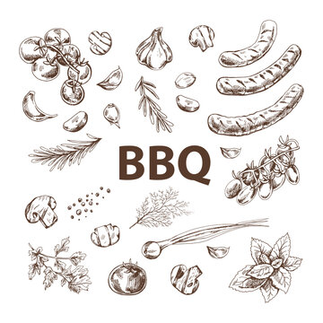 A set of hand-drawn sketches of barbecue elements. For the design of the menu of restaurants and cafes, grilled food. Doodle vintage illustration. Engraved image.