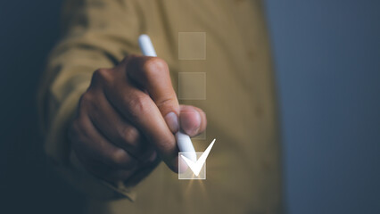 Businessman checkbox correct sign mark for document approve. acceptance and quality agreement, assurance, evaluation and checklist.