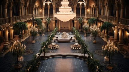 A breathtaking aerial shot of a grand wedding reception venue, with cascading floral installations, elegant chandeliers, and a luxurious dance floor. Glorious wedding card. Generative AI. 