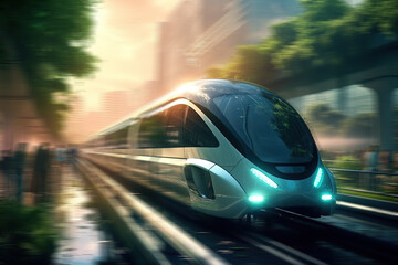 Fototapeta premium High-speed modern train, electric passenger transport of the future on a platform in a green city. Motion blur