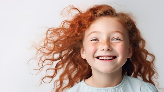 Dreamy,pleased, thinking emotion . Wish concept. Little child girl face portrait on white background with generative ai