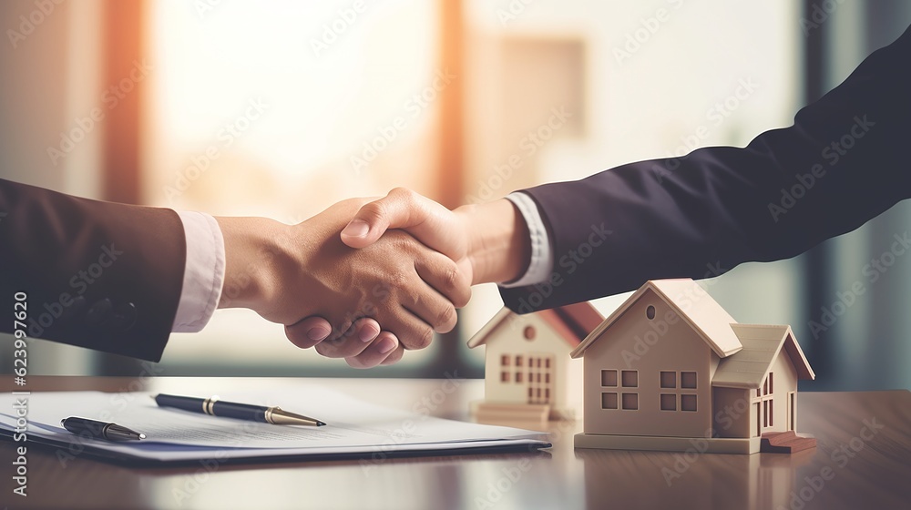 Wall mural handshake between two business people in front of house with generative ai