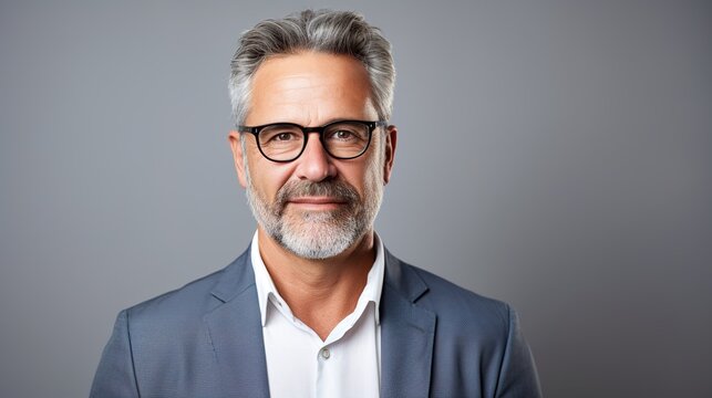 Portrait of a mature businessman wearing glasses on grey background. Happy senior latin man looking at camera isolated over grey wall with copy space with generative ai