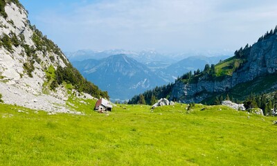 Fototapeta na wymiar Summer Alps Mountains, Panorama From the Pilatus Mountain Massif in Switzerland, Farmhouse and Swiss Cows in the Distance