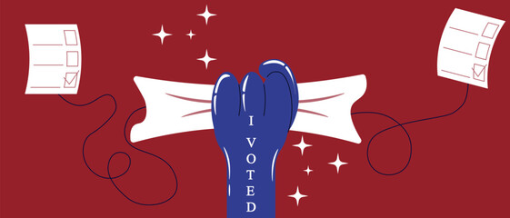 Funny Voting conception. Cute cartoon hand holding a Voting Form. Banner with Vote conception. Contemporary vector illustration. 