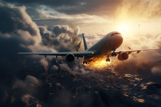 Explosion in flight passenger plane, terrorist attack concept. Plane crash, an incident in the sky on an aircraft