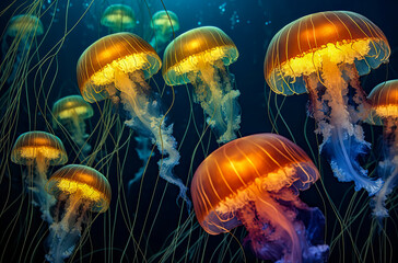 jellyfish swimming in water, dark background