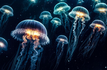 jellyfish swimming in water, dark background