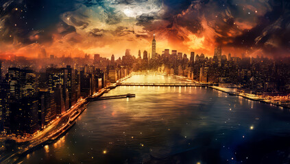 Wallpaper of a mega city and many lights like fire flying through the whole city around a large river