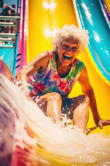 Obraz na płótnie Canvas an old woman is rolling down a water slide. grandmother swims in the pool and laughs. active old age and pensioner.