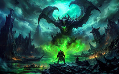 A character is in front of a large giant creature that is protecting a dark castle, video game style, green style background