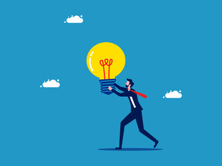 Discover knowledge. Businessman finds a light bulb vector