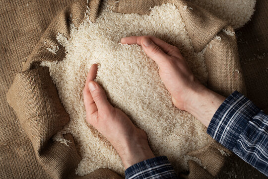 Human hands holding handful of rice over burlap sack