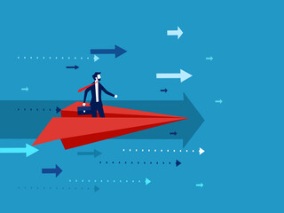 Progress leader. businessman flies a paper plane in the direction of the arrow pointing forward. vector