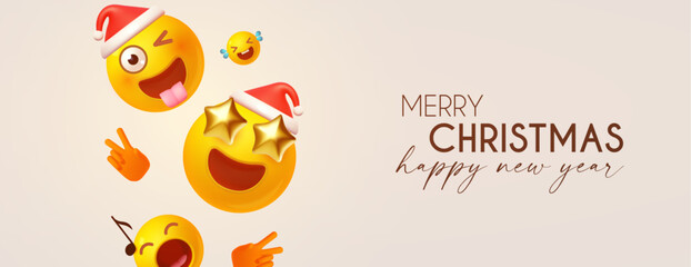 Merry Christmas and Happy New Year funny design template with smiling Santa Claus faces. Happy holidays.