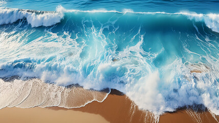Fototapeta premium Ocean's Embrace: Waves with White Foam Creating Endless Stories on the Sunlit Sand