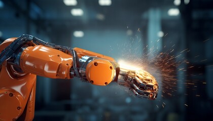 A robotic hand welding, signifying smart factory operations and the Industry 4.0 revolution. The automation and digital transformation in modern manufacturing processes