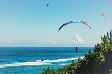Paraglider flies in front of the ocean