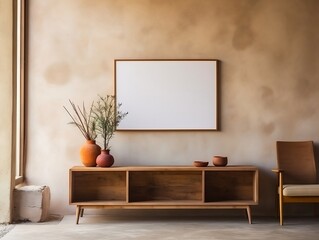 Wooden rustic chest of drawers near the wall Interior design of modern living room generative ai