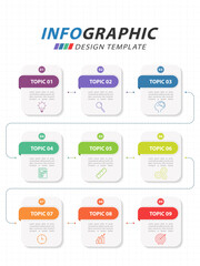 Infographic design template. Timeline concept with 9 options or steps template. layout, diagram, annual, pin location, start up, report, presentation. Vector illustration.