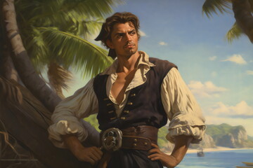 vintage painting of handsome pirate with palm trees in romance novel cover style, made with generative ai