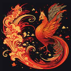 Fire bird or Phoenix with Japanese art pattern