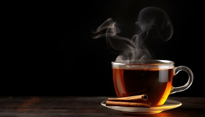 A glass of freshly brewed black tea,escaping steam,warm soft light, darker background. copy space