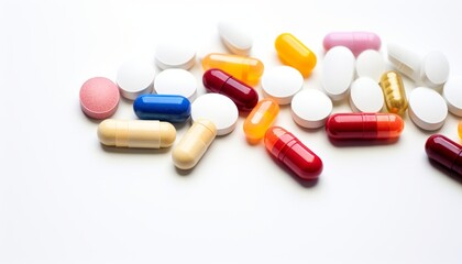 Assorted pharmaceutical medicine pills, tablets and capsules.Pills background. Heap of assorted various medicine tablets and pills different colors on white background. Health care.Copy space, medical