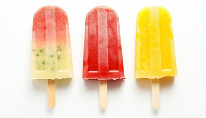 Assortment of fruit sweet popsicles isolated on a white background, summer dessert ice creams, ice lollies, colorful candy