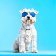 white dog wearing sunglasses with blue background