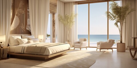 AI Generated. AI Generative. Luxury hotel resort vacation trip travel adventure qatar villa with sea ocean view. Graphic Art - obrazy, fototapety, plakaty