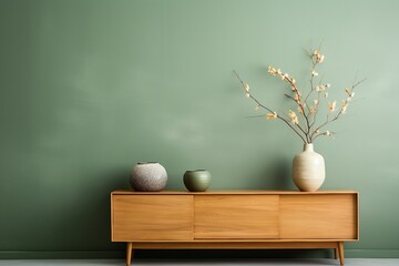 photo realistic, interior design, Stylish living room interior design wooden chest of drawers, beige vase and creative home accessories. Sage green wall. generative ai.