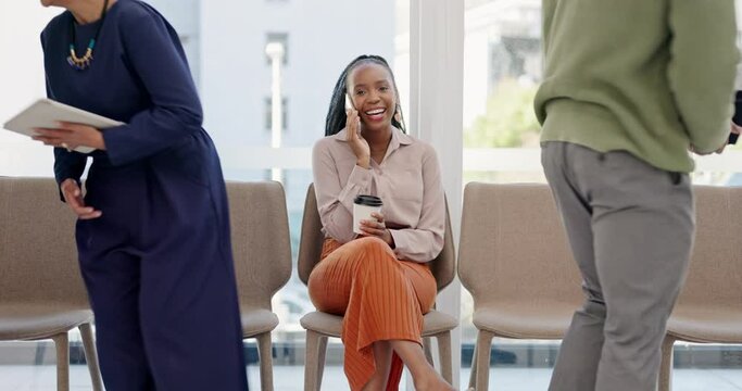 Black woman, phone call and waiting room for meeting, hiring or recruitment in row at the office. Happy African female person, intern or employee talking on mobile smartphone for career opportunity