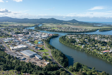 Aerial view of the town of  Innisfail on the Johnstone river in north Queensland, Australia. - 624002406