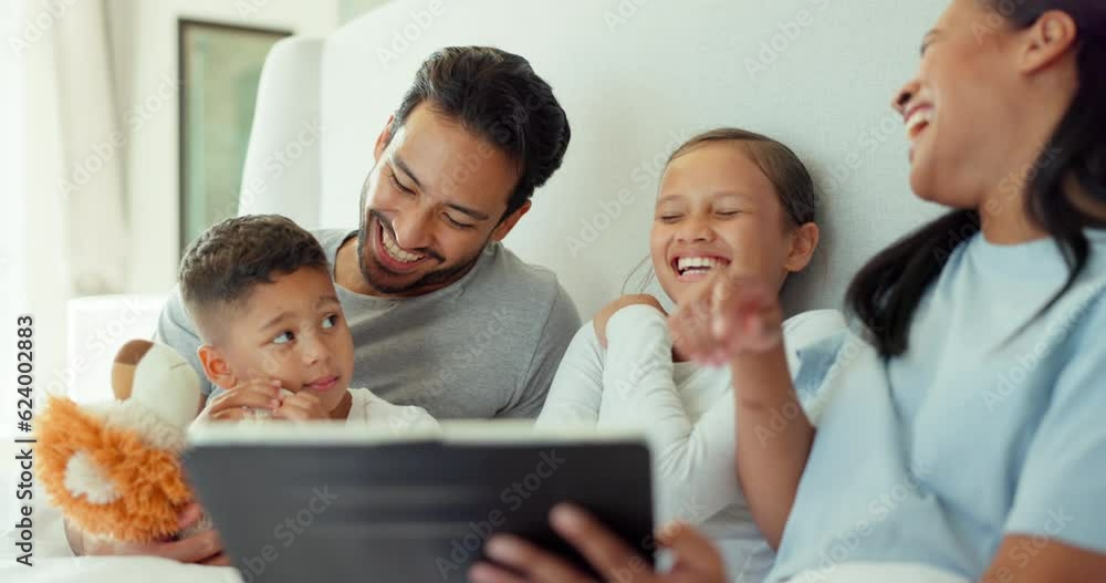 Poster Parents, children and laughing on tablet in bedroom while watching funny movies, online media and family games. Happy mom, dad and kids on digital technology for comedy show, cartoon and joke at home