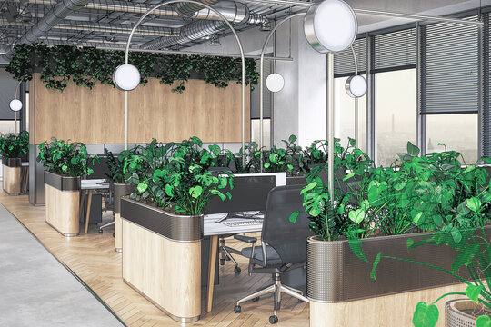 Offene Büroarchitektur unter Berücksichtung der Nachhaltigkeit bei der Wahl der Materialien und der Raumgestaltung (Entwurf) - 3D Visualisierung
