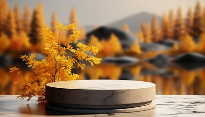 Autumn display podium with tree water reflection background, 3d illustration, generative AI