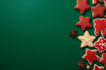Festive xmas cookies green background. Generate Ai