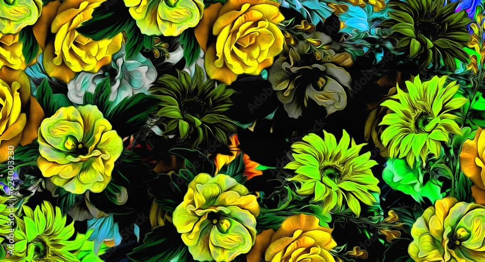 Poster computer graphics of abstract floral psychedelic background stylization of colored chaotic stickers 