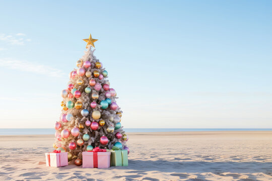 Decorated Christmas tree stands on the beach. New year season concept