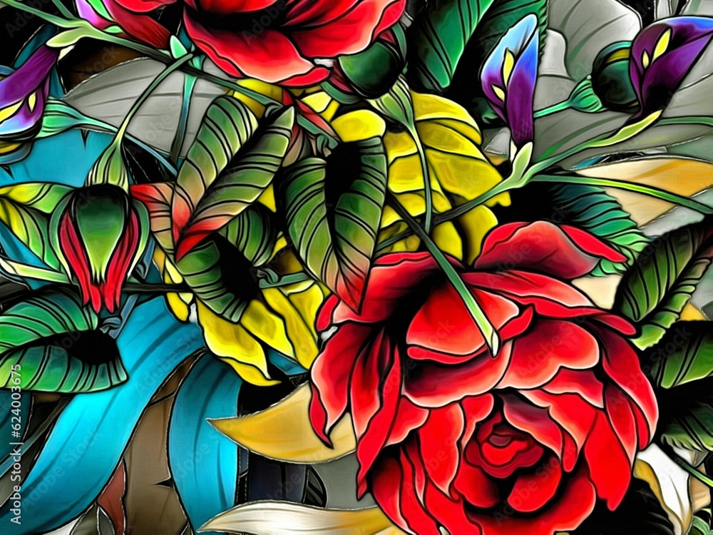 Aufkleber computer graphics of abstract floral psychedelic background stylization of colored chaotic stickers 