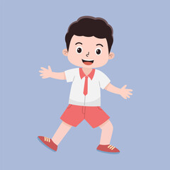 Vector Illustration of Indonesian Elementary School Cute Little Boy in White and Red Uniform. Kid Cartoon Concept in Flat Style.