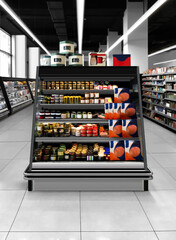 Salmon, fish, caviar, and variety pate in small open fridge at supermarket