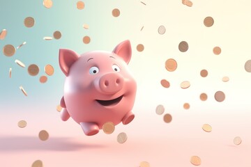 Coins falling to a pastel color piggy saving , Financial and money deposit concept pastel background