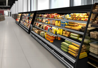 Mayonnaise, eggs and salad sauces in open long fridge at supermarket

Suitable for presenting new products and new packaging among many others.