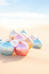Colorful christmas baubles immersed in the sand in the desert. New year pastel season concept